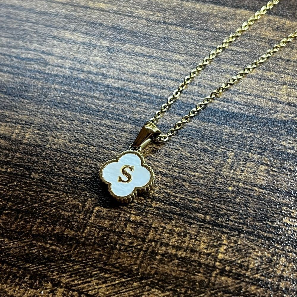 14K Gold Plated Stainless Steel Initial Necklaces “S” Four Leaf Clover Necklace - Picture 5 of 12